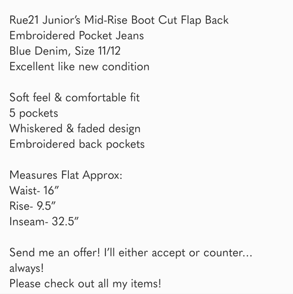 Rue21 Junior’s Mid-Rise Boot Cut Flap Back Embroidered Pocket Blue Jeans 11/12 - Picture 6 of 6